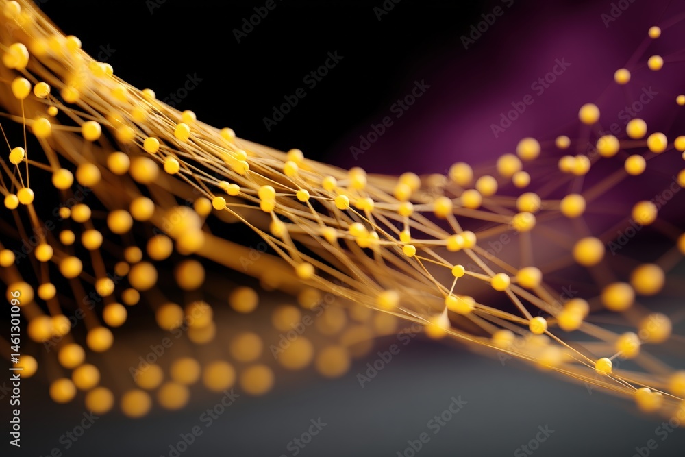 Poster abstract yellow and purple background with flowing dots and lines.
