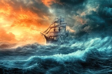 Ancient ship sailing through a dramatic storm