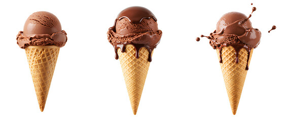 Chocolate ice cream cone set PNG. creamy chocolate ice cream with scoop of gelato PNG Summer ice cream dessert full of chocolate cream isolated