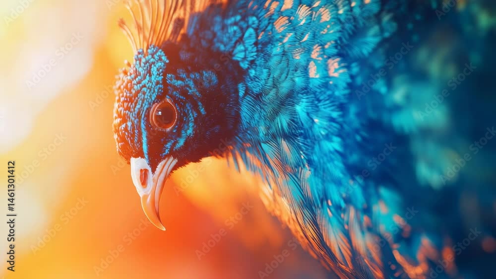 Poster Close up of a peacock showing its wonderful iridescent blue feathers with a warm orange blurred background, creating a vibrant and captivating image