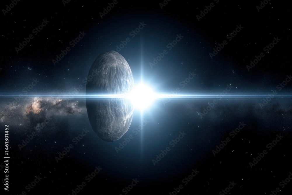 Poster cosmic scene with a bright star and a spherical object in space.