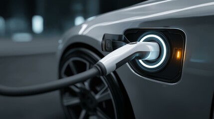 Close-up of an electric vehicle charging, showcasing modern technology and sustainability in transportation.