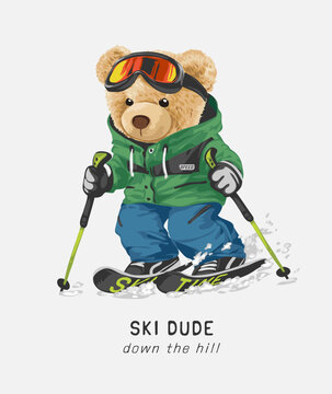 ski slogan with bear doll skiing vector illustration