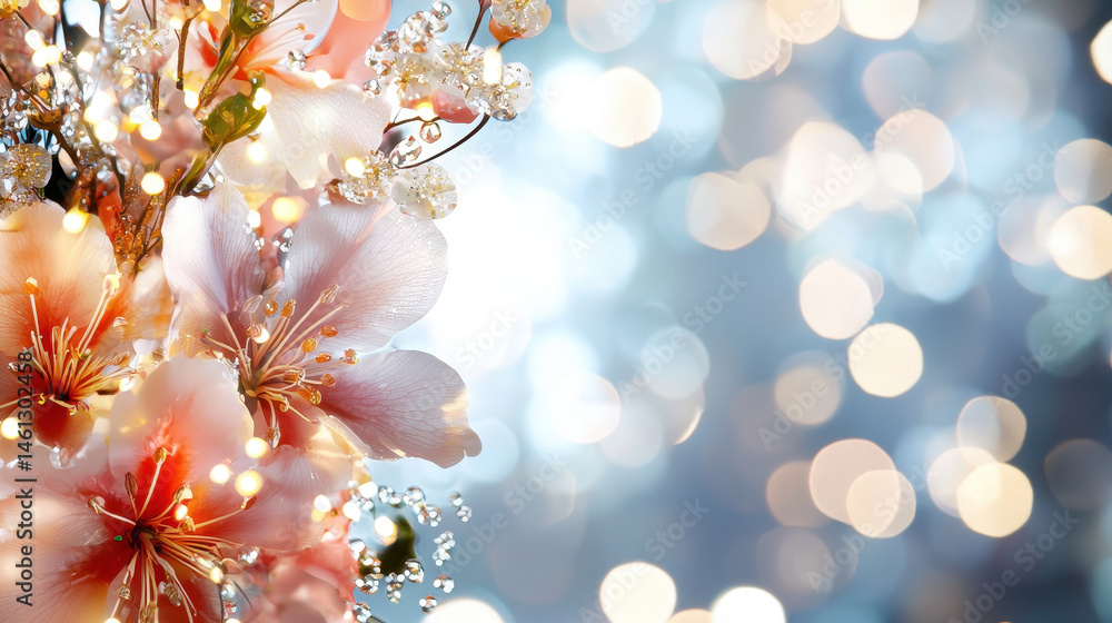 Poster elegant and vibrant floral arrangement with soft bokeh background, creating dreamy atmosphere filled