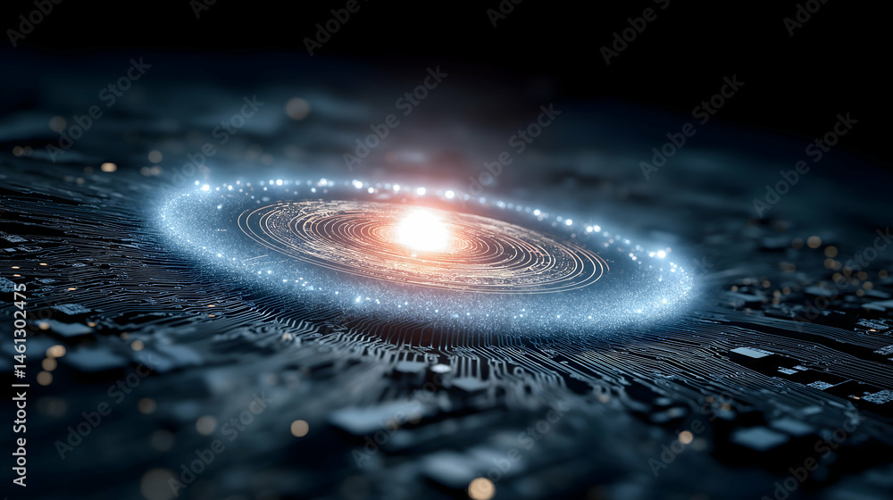 Poster a glowing digital vortex forms above a circuit board, symbolizing advanced technology and futuristic