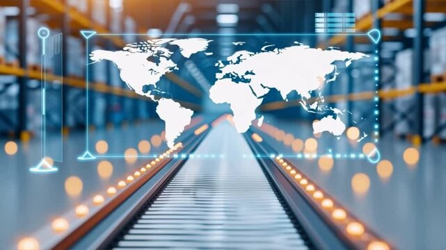 Futuristic train tracks with digital world map overlay, symbolizing global connectivity and advanced technology.