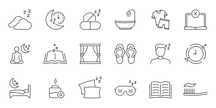 Sleep And Relaxation Line Icon Set. Nighttime Routine, Restful Sleep, And Relaxation Symbols Collection. Bedtime Essentials And Sleep Hygiene. Editable Stroke. Isolated Vector Illustration