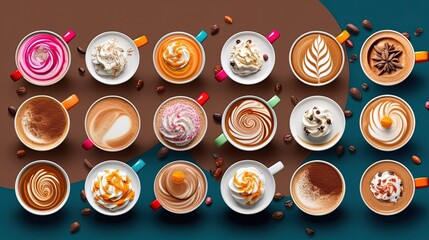 Colorful collage of coffee cups with latte art, whipped cream, and toppings – creative top-down composition of assorted coffee drinks