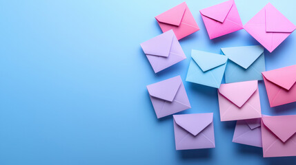 Obraz premium Colorful envelopes scattered on blue background create cheerful and inviting atmosphere