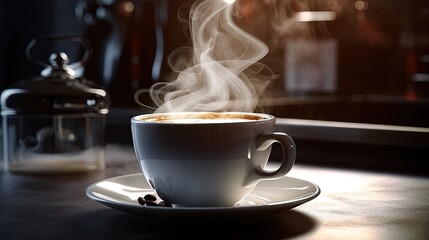 Close-up of steaming hot coffee in a white cup with dramatic lighting – cozy morning atmosphere in a kitchen or café setting