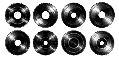 vinyl records set in woodblock print style, black and white, music collection retro audio.