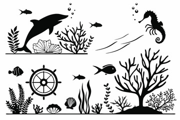 65 Underwater silhouette scenes, black and white aquarium illustrations, marine life silhouettes, coral reef shadows, seaweed and algae patterns, ocean floor landscapes, tropical fish outlines, shark 