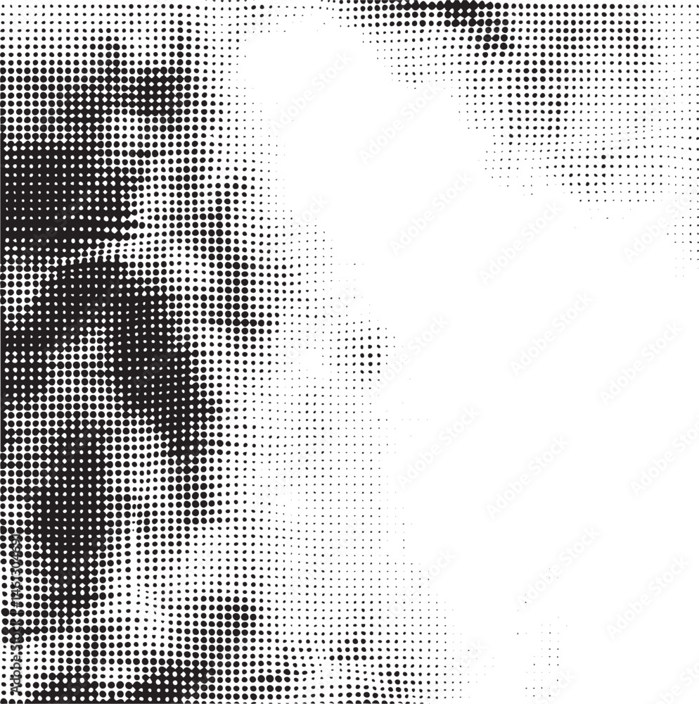 Poster a grayscale portrait features a partially obscured face rendered with numerous tiny dots.