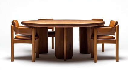 Round wooden dining table and chairs.  Simple, modern design