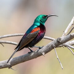 Naklejka premium Vibrant Male Amethyst Sunbird Perched on a Branch