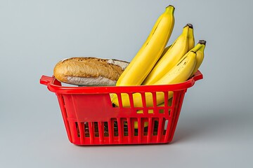 Red basket holding bananas and bread