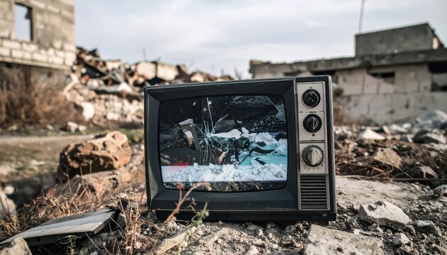 Abandoned Vintage TV Amid Urban Ruins Showing War Zone Landscape – Surreal Commentary on Media and Destruction