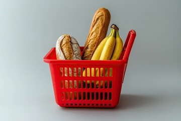 Red shopping basket filled with bread and bananas (1)