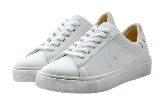Pair of white sneakers on transparent background, professional quality photo for clothing brands, online stores, and trend presentations