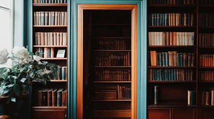 A well-lit interior library room with antique bookshelves.