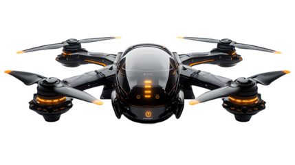 Passenger drone with multiple propellers on transparent background, futuristic technology concept for urban air mobility and future transport