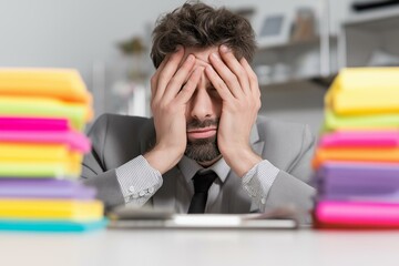 Stressed businessman overwhelmed by paperwork, displaying frustration and fatigue at his workplace amidst colorful files.