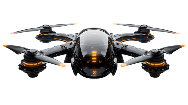 Passenger drone with multiple propellers on transparent background, futuristic technology concept for urban air mobility and future transport