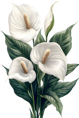Peace lily with white flowers on transparent background, professional photo for plant-based lifestyle, clean air initiatives, and wellness themes