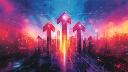 Red Arrows Ascending Over Vibrant Cityscape at Night