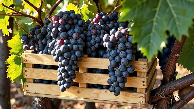 Fresh grapes harvested in wooden crate against green vines  