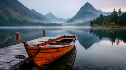 Obraz premium Find Peace at Dawn: Wooden Rowboat Tied to Dock on Serene Lake Amid Morning Mist
