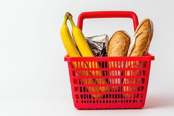 Red shopping basket filled with groceries.  Bananas and bread are visible