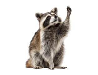 cute racoon greeting with hands up cute and adorable on transparent background