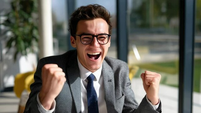 A joyful businessman celebrating success with exuberant gestures in a modern office.