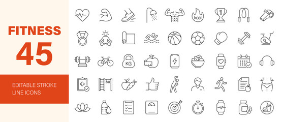 Fitness icon set. Containing health, wellness, exercise, physical activity, workout, strength, muscle, diet, gym, dumbbell, running and more. Editable line icons. Vector illustration.