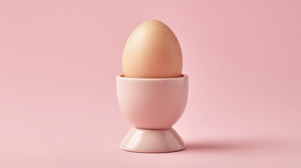 A single brown egg rests on a white pastel holder, perfectly positioned against a soft pink backdrop. The scene emphasizes minimalism and color harmony, creating a serene aesthetic