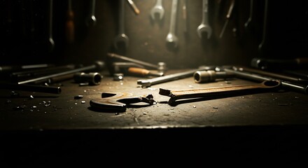 Worn Tools on a Dark Workshop Table