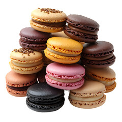 Pile of colorful macarons cut out, crystal clear image for social media content, website graphics, and dessert promotions