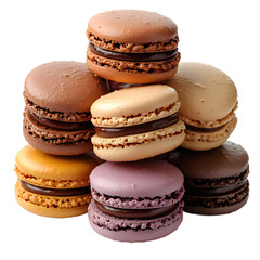 Pile of colorful macarons on transparent background, professional photo for gourmet food, fine dining, and special occasion desserts