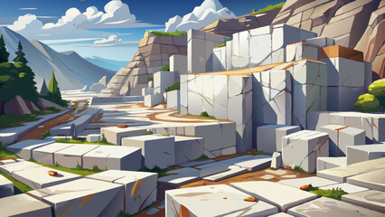 White marble stone blocks in quarry, outdoor, wide