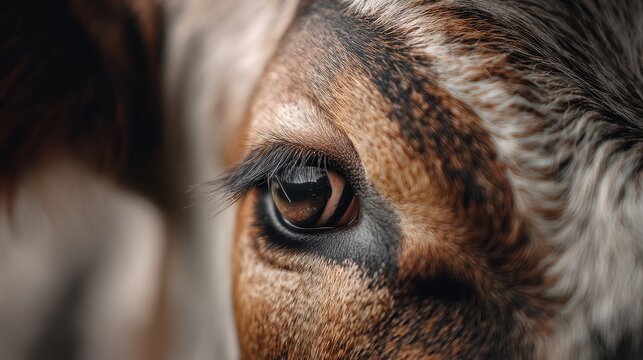 A cow stands quietly in a field, its eye highlighted in close-up view. The intricate patterns in the eye and fur reveal the animal's connection to its natural surroundings under bright sunlight
