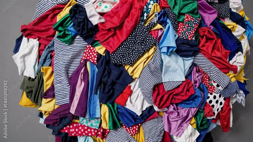 Poster aerial view of a colorful pile of assorted fabrics, showcasing a vibrant mix of patterns and texture
