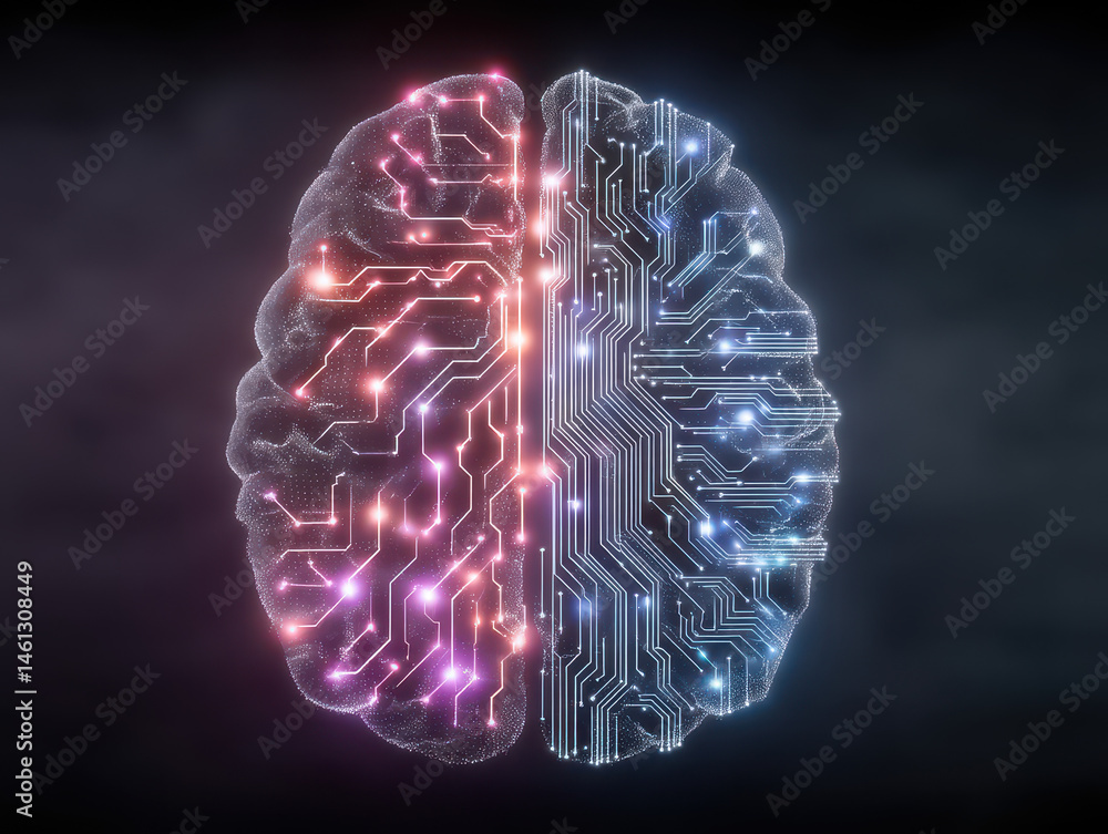Poster artificial intelligence enhances decision-making through glowing pathways in human brain illustratin