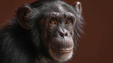 Obraz premium A chimpanzee is captured looking directly at the viewer with a thoughtful expression. The background is a warm brown, highlighting the chimp's striking facial features and intelligence