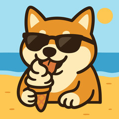 Shiba dog with ice cream on the beach