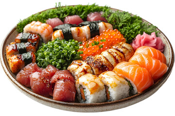 Plate of sushi rolls cut out, crystal clear image for restaurant websites, social media, and culinary marketing of sushi bars