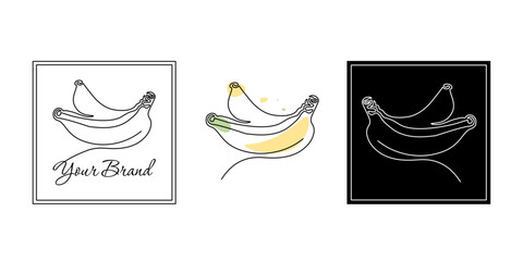 Set of minimalistic continuous line art of two bananas for the logo in various designs. Banana in one line art style. Isolated on white background