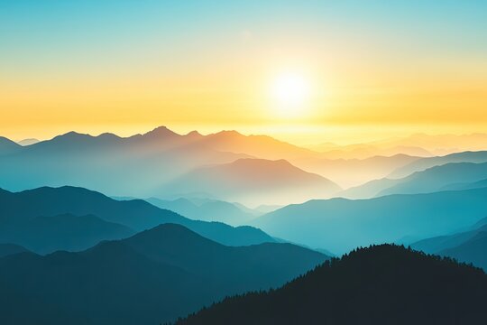 Majestic sunrise over layered mountain ranges