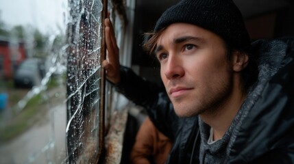 Young man gazing out of rain-covered window, contemplating outdoors in moody weather, thoughtful expression, casual clothing