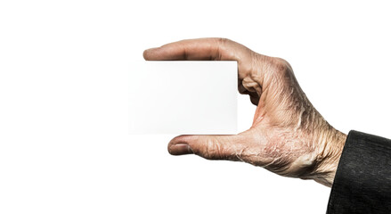 Png of An elderly man's hand holds a blank business card against a dark background, conveying professionalism and opportunity.